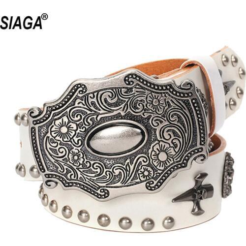 2020 Unisex Design Western Young Men & Women Metal Rivet Punk Belt Top Quality White Cowhide Leather Belts Female SA018