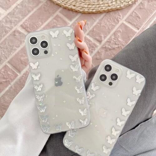 Luxury Transparent 3D Butterfly Phone Case for iPhone 11 12 Pro Max 7 8 plus Xs Max Xr Glitter Clear Soft Tpu Case Back Cover