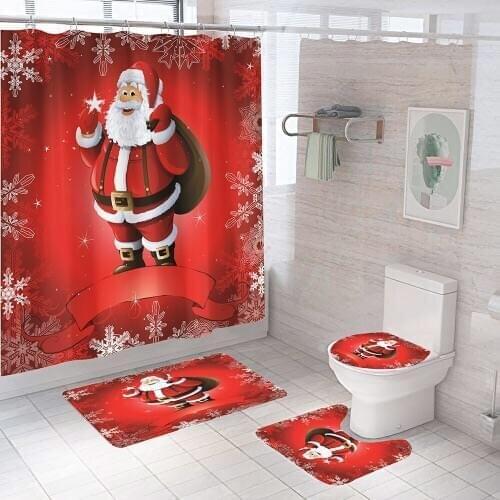 Merry Christmas Santa Shower Curtain Bathroom Curtain with 12 Hooks Anti-slip Bath Mat Set Toilet Seat Cover Holiday Decoration