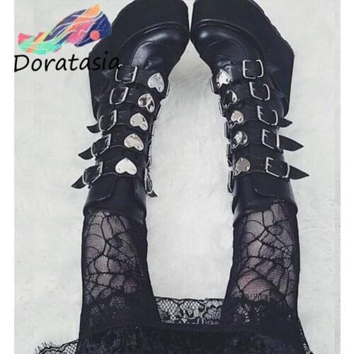 DORATASIA INS Hot Sale Solid Zipper Heart Buckle Round Toe High Wedges Platform womens Boots Cool Fashion Punk Goth Shoes Woman