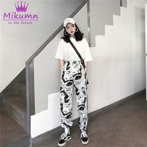 Girls Harajuku Cartoon Anime Print Women Harem Pants Elastic High Waist Female Trousers Streetwear Hip Hop Causal Loose Pants