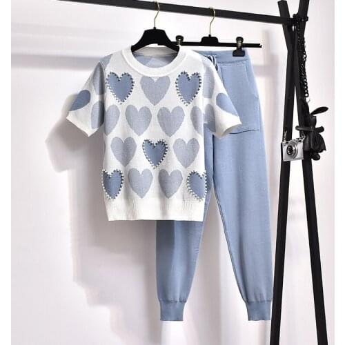 Spring beading Love Printed 2 Piece Set Women Short Sleeve Knitted Sweater Female Top + Pants Suit Summer Tracksuits clothing