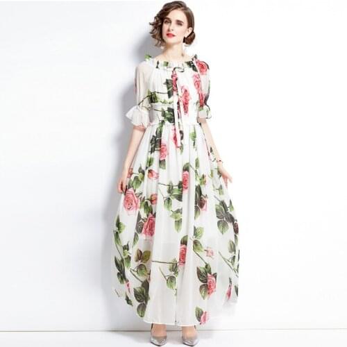Vestidos De Fiesta Summer Fashion Designer Plus Size White Dress Womens Elastic Waist Rose Print Holidays Beautiful Maxi Dress