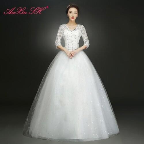 AXJFU beauty white flower lace wedding dress princess v neck beading flower crystal half sleeve flower red wedding dress