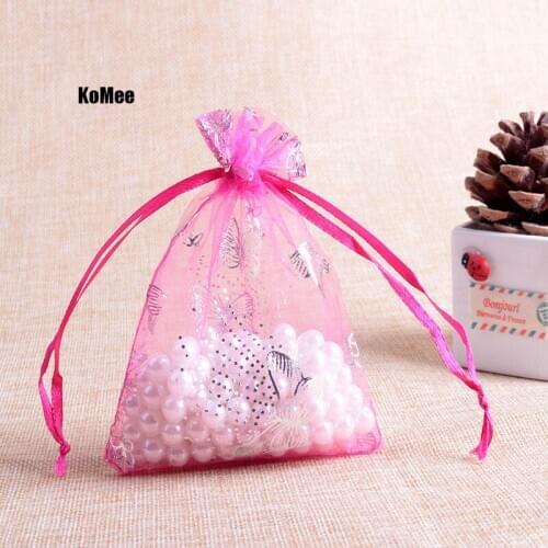 100pcs 9x12cm Hot Pink color Butterfly Drawable Organza Bags Wedding Christmas Gift Bag Jewelry Packaging Bags Pouches
