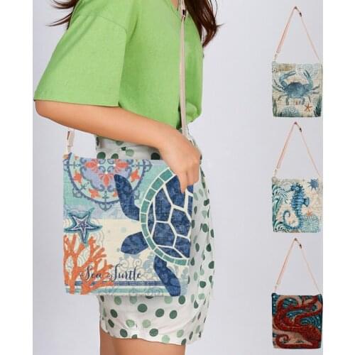 2021 Summer Women Beach Bag Canvas Handbags Crab Sea Turtle Sea Horse Print Retro Shoulder Bag Crossbody Messenger Bags Large