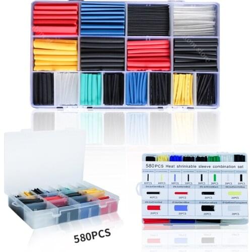 580pcs Heat Shrink Tube Wire Cable Insulated Sleeving Tubing Set Assortment Electronic Polyolefin Wire Cable Sleeve Kit