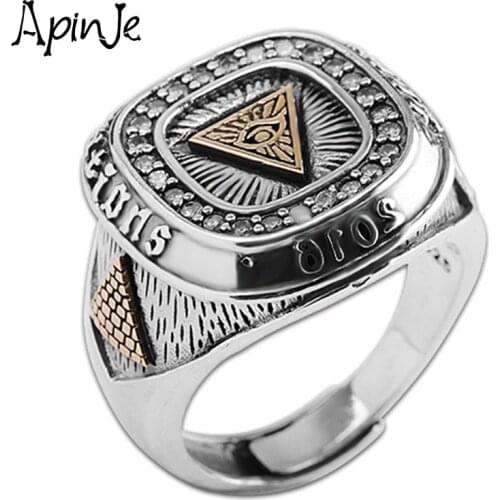 Apinje Devil Eyes Masonic Ring for Men 925 Sterling Silver Mens Rings Triangle God Eye Totem Jewelry