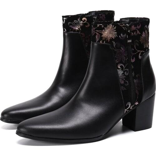 Christia Bella Winter Classic Mens Plus Size Pointed Toe Printing Short Boots Genuine Leather Party Male Zipper Heighten Boots