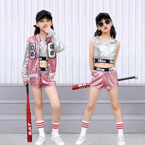 Girl Sequin Hip Hop Street Dance Short Kids 3 Pcs Sets Child Cool Jazz Jacket Tank Top Outfit Teenage Costume Clothes Streetwear