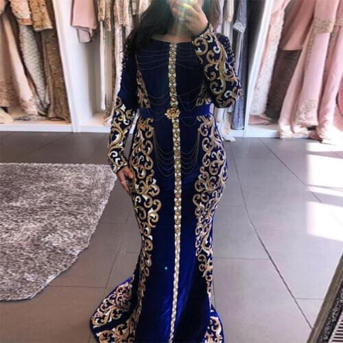 Royal Blue Embroidery Mermaid Moroccan Kaftan Muslim Evening Dresses Long Sleeves Beading Dubai Arabia Formal Prom Gowns Custom