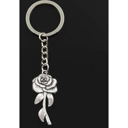 Fashion Rose Flower 42x19mm Pendant 30mm Key Ring Metal Chain Silver Color Men Car Gift Souvenirs Keychain Dropshipping