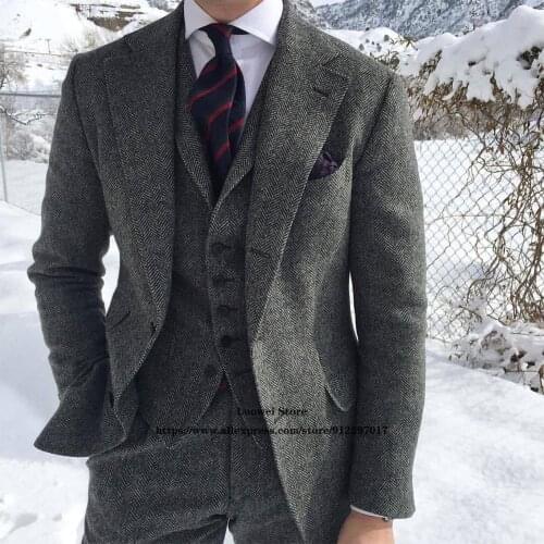 Mens Suits Classic 3 Piece Sets Vintage Business Herringbone Woolen Double Breasted Wedding Groom Blazer (Jacket+Vest+Pants)