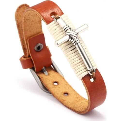 New Arrival Retro Classic Leather Bracelet Adjustable Cuff Cross Jesus Wax Cord Brown Black Coffee Color Unique Men Women Jewlry