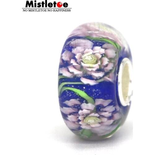 Mistletoe 925 Sterling Silver Blue With Pink 3D Peony Flowers Murano Glass Charm Bead European Jewelry
