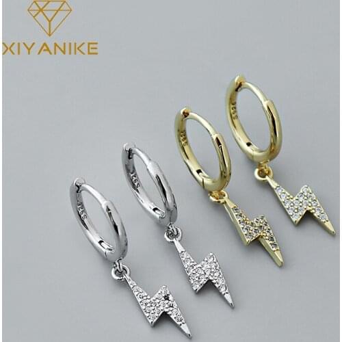 XIYANIKE 925 Sterling Silver Lightning Pendant Full Zircon Hoop Earrings Women Fashion Personality Charm Exquisite Romantic Gift