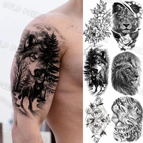 Realistic Wolf Forest Temporary Tattoos For Men Women Adults Lion Geometric Fox Fake Tattoo Sticker Waterproof Arm Back Tatoos