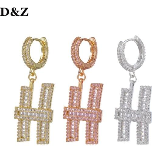 D&Z 1pc Single Letter Earring Iced Out Bling Baguette Stones A-Z Customized Letters Earring Rock For Men Women Hip Hop Jewelry