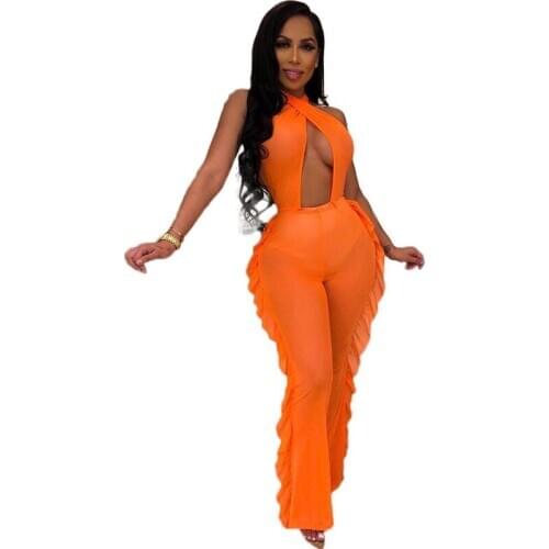 Mesh See Through Sexy Jumpsuit Women Halter Sleeveless Side Ruffles Skinny Summer Romper Hollow Out Backless Club Beach Overalls