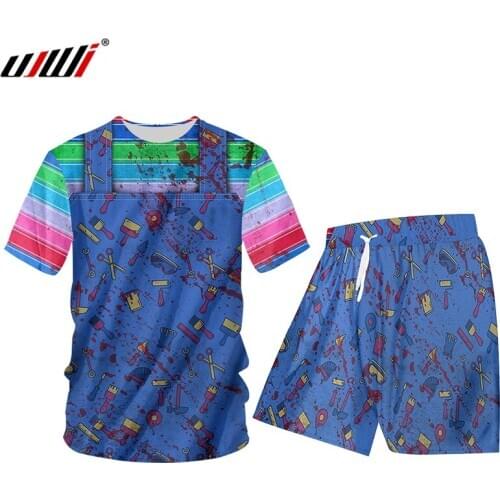 UJWI Summer 2 Piece Set Black Rainbow denim fake two pieces Short Sleeve Print Tank Tops Shorts Mens Sets Gym Sleeveless Hoodie
