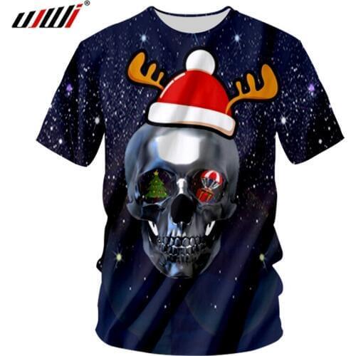 UJWI New Creative Starry Sky Tree Man T-shirt 3D Printed Christmas Hat And Skulls Unisex Wholesale Mens O Neck Tshirt