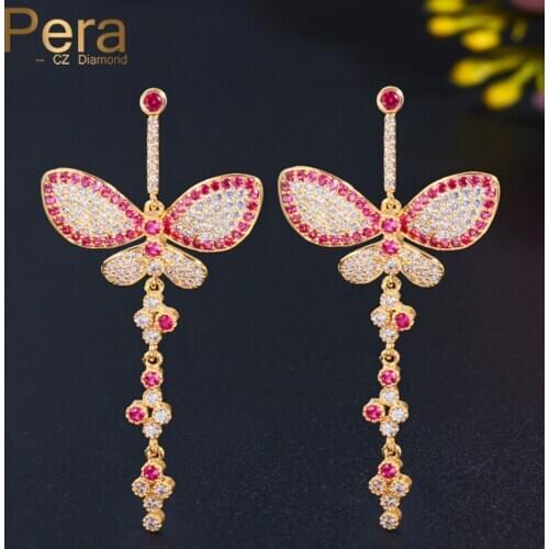 Pera Elegant Butterfly Fuchsia Red Cubic Zirconia 925 Silver Pin Long Dangle Earrings for Women Luxury Jewelry Collection E601