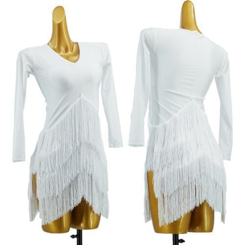 New Prom Dresses For Women Latin Dance Dress White Tassel Ladies Girls Rumba Salsa Club Dancers Perofrmance Fringe Dress 1596