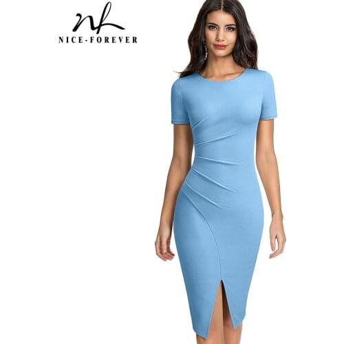 Nice-Forever Summer Women Pure Color Fashion Split Work Dresses Business Party Vintage Bodycon Dress B651