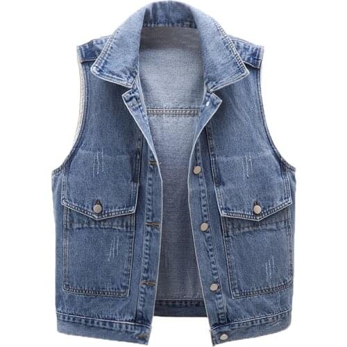 Womens Spring Autumn Sleeveless Vintage Blue Denim Vest Female Winter Plus Size Slim Short Waistcoat 3XL TB316
