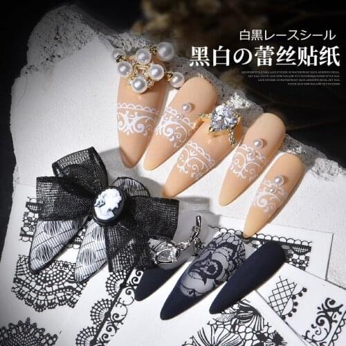 1piece Of White Black Chic Lace Nail Stickers 3D Nail Stickers DIY Fashion Manicure Decoration Creative Lace Nail Stickers AE010
