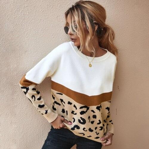2021 Autumn New Fashion Women Long Sleeve O-Neck Leopard Patchwork Knitted Sweaters Casual Winter Warm Pullovers Sweatshirt