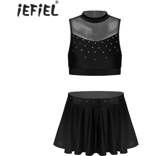 Kids Girls Ballet Dance Gymnastics Leotard Crop Top Skirt Outfit Set for Latin Rumba Dancewear Ballet Class Performance Clothes