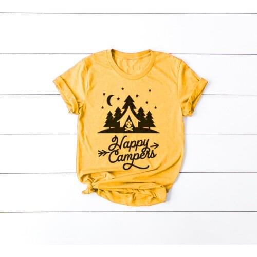Happy Camper Hipster Graphic T-Shirt Casual yellow Clothing Grunge tee Happy Camper funny letter star moon top camper love shirt