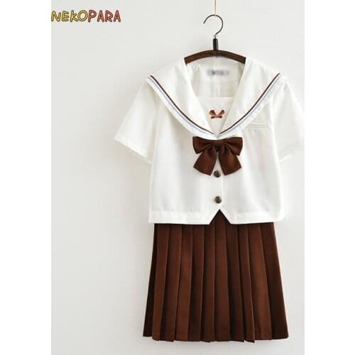 Butterfly Embroidery Cute Japanese School Girls Uniform JK 2Pcs Set: Short Sleeves Sailor Collar Blouse + Brown Pleated Skirt