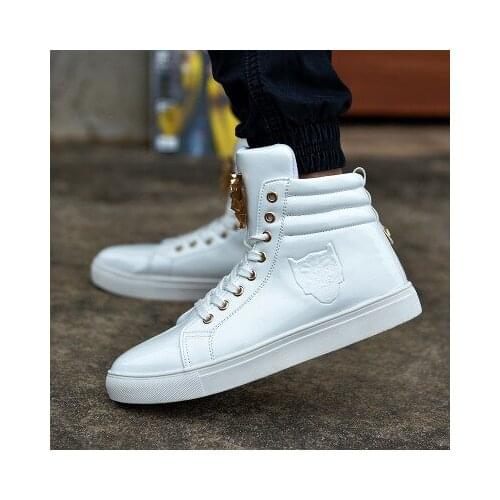 New Fashion High Top Casual Shoes For Men PU Leather Lace Up Red White Black Color Mens Casual Shoes Men High Top Shoes