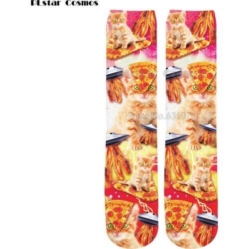 PLstar Cosmos 2019 New Fashion Mens 3d Socks Cute animals Cat eats pizza Printed Men/Women Casual Straight socks