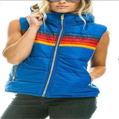 Autumn 2021 Fashion Women/Girl Rainbow Stripe Sleeveless Zipper Hooded Cotton Vest Korean Version Elegant Vintage Slim Waistcoat