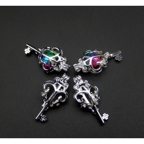 10pcs silver key pearl cage necklace pendant, aroma oil diffuser adds your own pearl, stone makes it more attractive