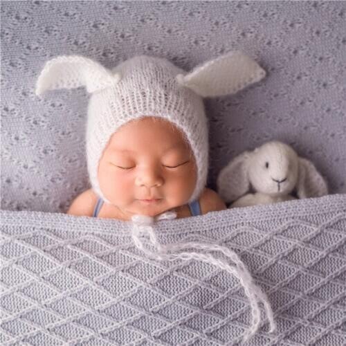 Fluffy Newborn Bunny Bonnet Stuffed Animal Set For Photography Shoot Crochet Fuzzy Baby Girl Bunny Hat and Toy Set Photo Props