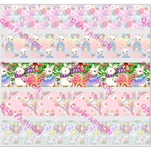 Q&N ribbon 50Yards 16mm - 75mm Easter Day Eggs and Bunny Grosgrain/FOE Ribbons for DIY Bow Craft Wedding Easter egg Decoration