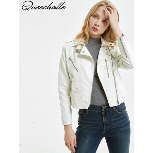 Queechalle 2020 New Autumn Witner Women Motorcycle Faux PU Leather Jackets Lady Biker Outerwear Coat Female Clothes White Black