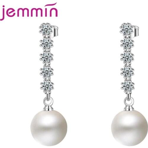 Luxury Brand Simulated Pearl Piercing Drop Earrings 925 Sterling Silver For Women Cubic Zircon Eardrop Jewelry Birthday Gift