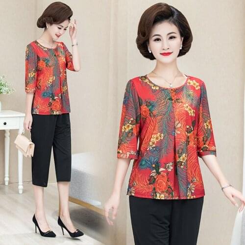 Middle-Aged Womens Tops and Pants Plus Size O-Neck Vintage Shirts Summer Three Quarter Sleeve Print Women Shirts Mother