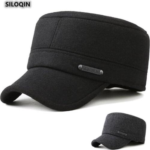 SILOQIN Mens Flat Cap Winter Thicken Woolen Fashion Military Hats Adjustable Size Thermal Earmuffs Brands Snapback Caps New