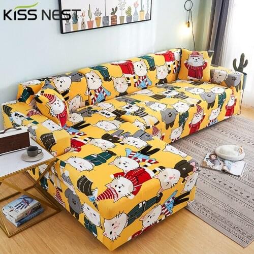 Modern Elasticated Inclusive Sofa Cover For Living Room Chaise Lounge Slip-Resistant L Shape Corner Need 2 Cute Kitten Pattern