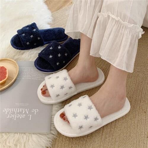 Korean Cute Warm Slippers Blue White Star Slippers Home Flat Plush Slippers Comfy Fuzzy Slippers for Women Girls