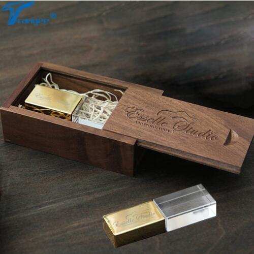 Trangee Wedding Gifts Golden Crystal USB Flash Drive with Wooden Box Customized Logo 8GB 16GB 32GB USB 2.0 Flash Memory Stick