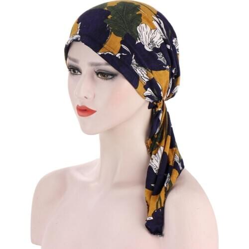 Fashion print flowers muslim turban bonnet for women inner hijab underscarf caps Arab wrap head femme musulman turbante mujer