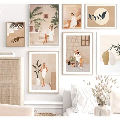 Vintage Woman Wall Art Nordic Posters And Prints Canvas Painting Beige Botanical Window Picture for Living Room Home Decor