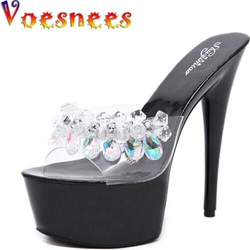 Voesnees Women Shoes Slippers Glass Crystal Fine Heel 15cm Slipper Woman Summer Waterproof Thick Bottom Sexy Shoes for party